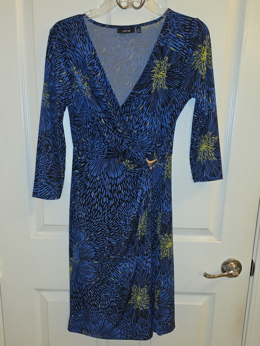 Apt. 9 Blue and Yellow Floral Faux-Wrap Long Sleeve Dress